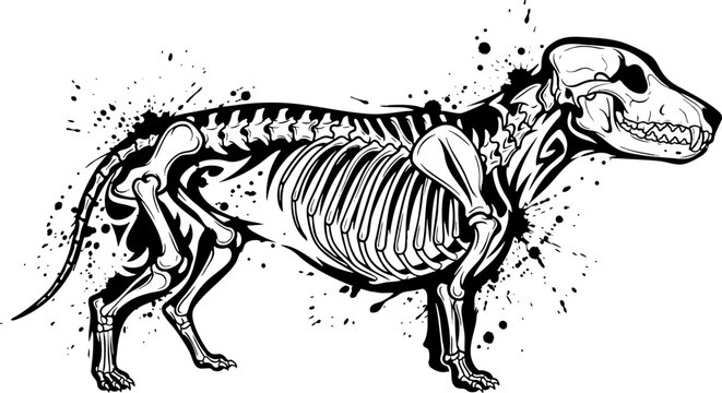 Dog Skeleton Silhouette Illustration with Ink Splatter Style