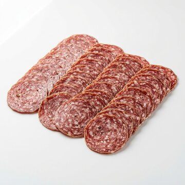 Assortment of Sliced and Whole Dry Cured Sausages on a White Background.