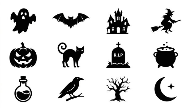 Flat Halloween icon collection with haunted house ghost witch bat and pumpkin vector illustration isolated on white background