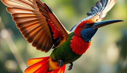 Naklejka premium Close-up of a vibrant baza bird in flight, wings outstretched, feathers, graphic