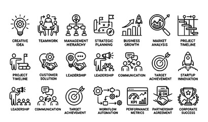 Obraz premium Modern Business Innovation and Team Management Line Icons for Corporate Strategy and Growth
