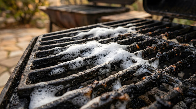 Close-up of cleaning a dirty cast iron BBQ grill grate with white active foam cleaner to remove charred food and grease residue on an outdoor patio, essential barbecue maintenance and hygiene.