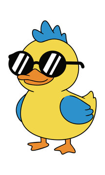 Charming cartoon duck character with spiky crest and dark sunglasses in a minimalist flat design style isolated on white background playful character design