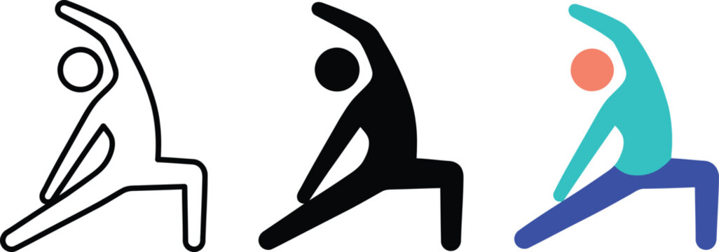 Yoga side lunge stretching icon set with outline silhouette and colorful flat minimalist pictogram designs