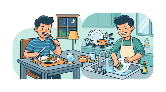 A young man eating a meal and then washing dishes in a kitchen.