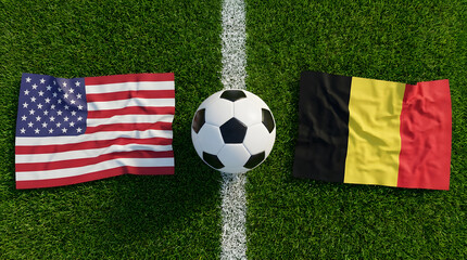 Obraz premium Flat Lay View of Soccer Ball on White Field Line Between United States and Belgium Flags on Green Grass Pitch