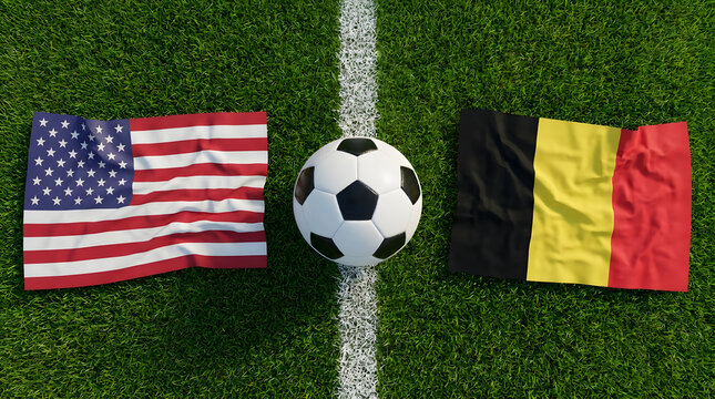 Flat Lay View of Soccer Ball on White Field Line Between United States and Belgium Flags on Green Grass Pitch