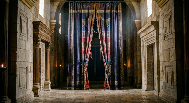 Inside the Jerusalem Temple, the sacred curtain is torn into two separate halves.