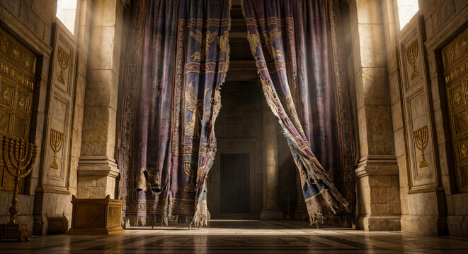Inside the Jerusalem Temple, the sacred curtain is torn into two separate halves.