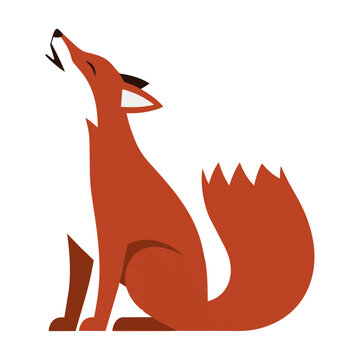 Minimalist profile of a sitting red fox with a bushy tail and tilted head in flat style on white background wildlife and nature concept