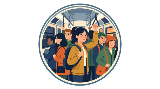 A diverse group of commuters standing together inside a crowded public transit train car.