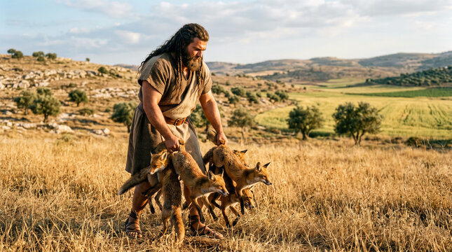 Samson holding several foxes by their tails.