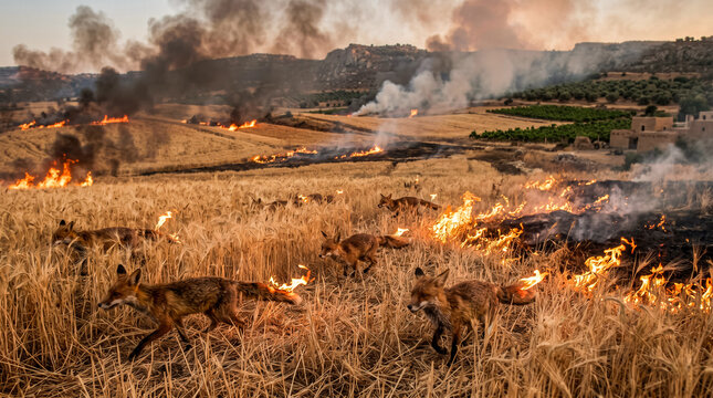 Several foxes run through ripe grain fields with burning tails.