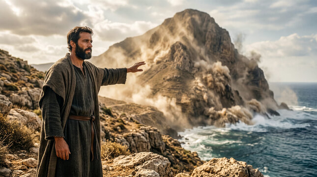 A man in faith commands a mountain to throw itself into the sea.