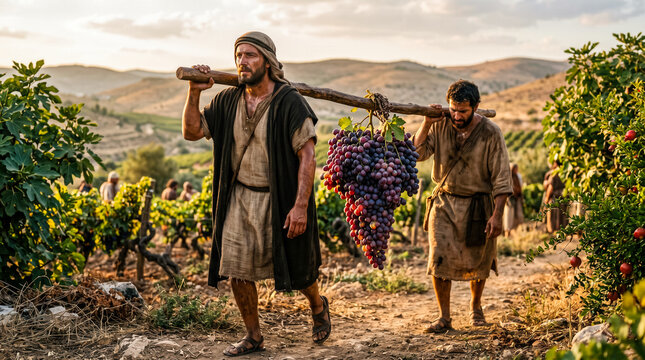 Two Israelites carry one huge cluster of grapes.