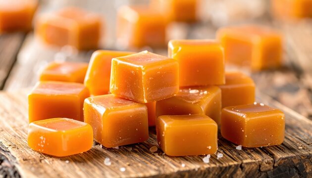 Delicious Caramel Candies scattered on a Rustic Wooden Surface