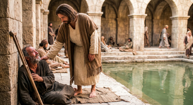 Jesus speaking with a sick man beside a pool of Bethesda.