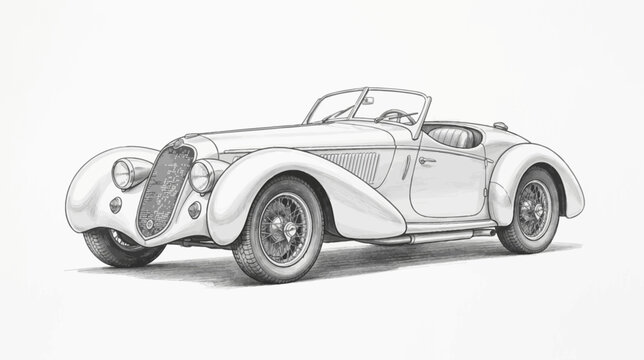 Highly detailed industrial ink sketch of a classic 1930s Duesenberg luxury automobile featuring bold contour lines, intricate mechanical cross-hatching, and an isometric perspective. Premium 3D vector
