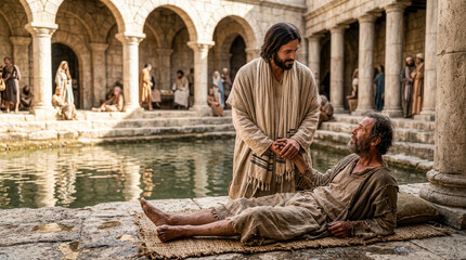 Fototapeta premium Jesus speaking with a sick man beside a pool of Bethesda.