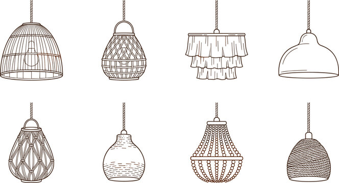 Vector outline icon set of bohemian pendant lights and rattan chandeliers featuring wicker macrame beaded and fringe hanging ceiling lamps