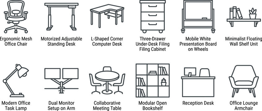Vector outline icon set of modern office furniture and workspace equipment featuring ergonomic chair adjustable standing desk filing cabinet and presentation whiteboard