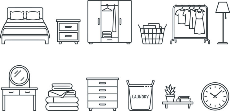 Vector outline icon set of bedroom furniture and closet storage featuring double bed wardrobe dressing table nightstand chest drawers and laundry baskets