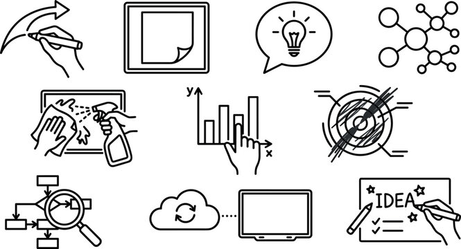 Vector outline icon set of business brainstorming and whiteboard workflow concepts featuring idea creation network diagram data charts flowchart and cleaning