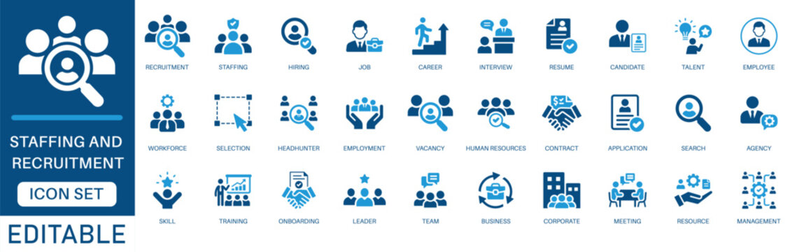 Staffing and recruitment icon set. Featuring job hiring, candidate resume interview, talent selection, and human resources in a blue flat design.