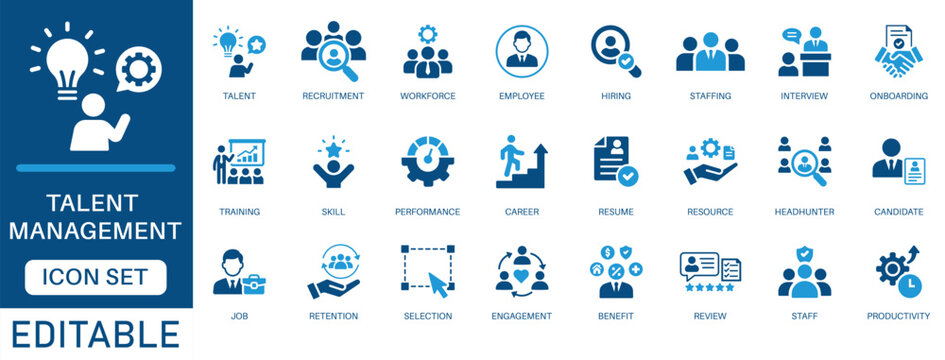 Talent management icon set. Featuring corporate recruitment, employee workforce, career training skill, and performance review in a blue flat design.