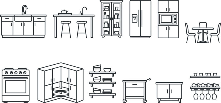 Vector outline icon set of kitchen furniture and cabinetry featuring sink island counter refrigerator dining table stove shelves and wine rack