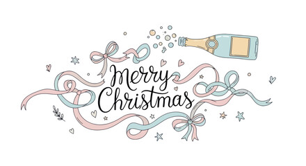 Obraz premium Merry christmas calligraphy with champagne bottle and pastel ribbons