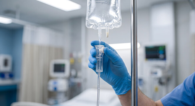 Medical professional hands preparing intravenous fluid drip medication for patient treatment within sterile hospital setting.