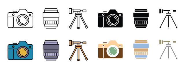 Photography icon set with camera studio equipment. Vector illustration of realistic dslr lens flat symbol, colorful line professional tripod gear media video photo shooting template. © MdNurul