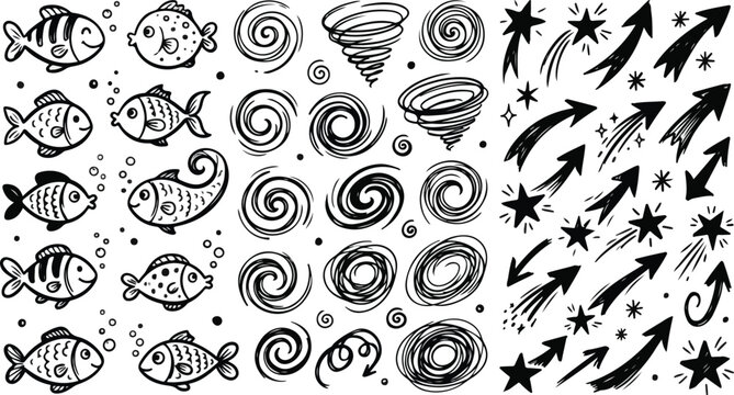Swimming cartoon fish swirls vortex spirals comet star arrows vector