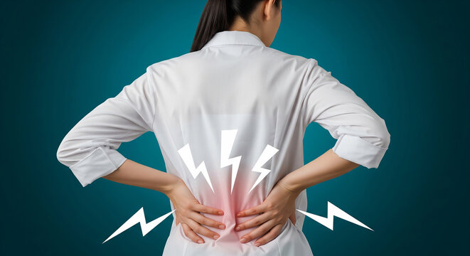 Rear view of a person with hands on their lower back, indicating pain, strain, or kidney problems