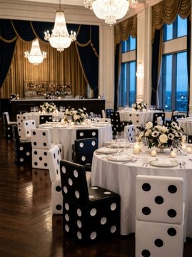 Elegant Ballroom with Unique Dice-Themed Chairs and White Table Settings.