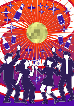 Vector vertical festive bright poster. Beer dance party. Radiant disco ball. Stylized beery cans and bottles. Dancing ladies and guys. Fun and entertainment. Colored banner, card or flyer