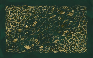 Naklejka premium Dense pattern of gold calligraphy scribbles on a dark green background