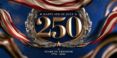 Plakat 250th anniversary of the united states, 17762026, happy 4th of july celebration with golden numbers, ornate frame, and flowing american flag fabric