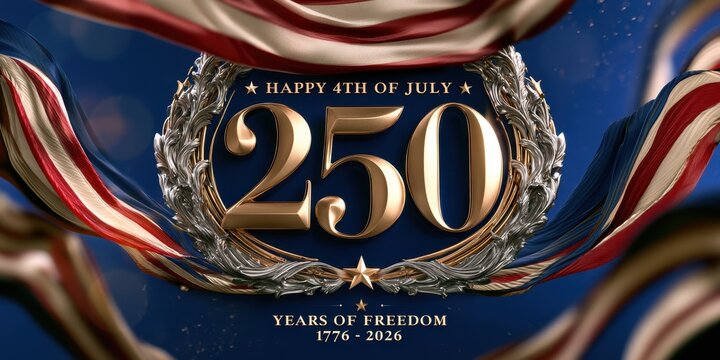 250th anniversary of the united states, 17762026, happy 4th of july celebration with golden numbers, ornate frame, and flowing american flag fabric