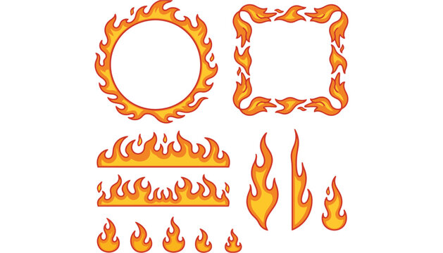 Set of various cartoon fire elements flames circles and borders