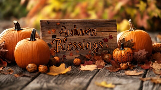 Several pumpkins and fallen leaves are arranged around a wooden sign that reads Autumn Blessings.