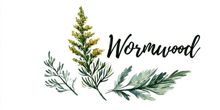 Watercolor botanical drawing of wormwood herb with yellow flowers and green foliage, isolated on white background