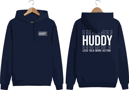 Dark navy huddy branded hoodie front and back view isolated mockup