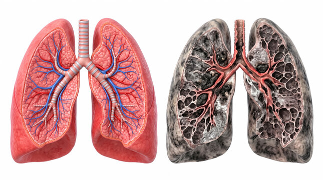Healthy Lung vs Smoker's Lung Anatomy Comparison with Internal Cross Section Realistic Medical Illustration