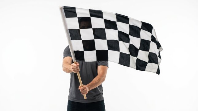 A person holds a black and white checkered flag, commonly known as a checkered flag, which symbolizes the finish line or the end of a race. The flag is being waved by someone.