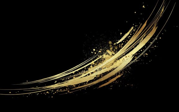 Golden paint brush stroke with dynamic splashes and particles on a black background