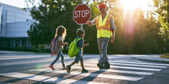 A crossing guard helps two young school children with backpacks cross the street safely at a marked crosswalk during a sunny morning