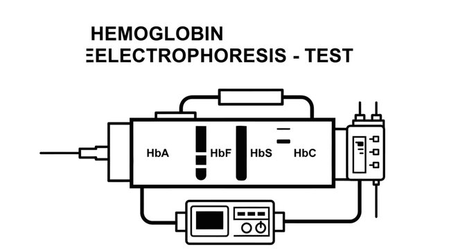 Vector illustration of a hemoglobin electrophoresis test, showing lab equipment used to identify hemoglobin variants like HbA, HbF, HbS, and HbC for medical diagnostic and healthcare research.
