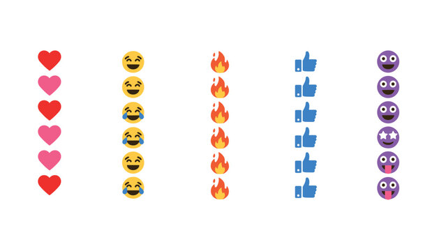 Vertical rows of colorful social media reaction icons including hearts laughter fire thumbs up and smiling emoji faces.